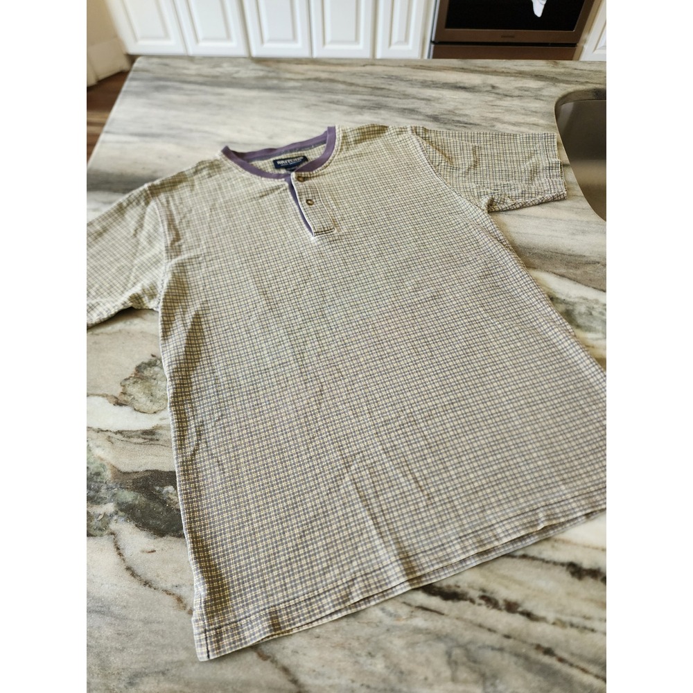 Britches Great Outdoors Mens Large Henley Shirt Tan Blue Micro Check Cotton 90s